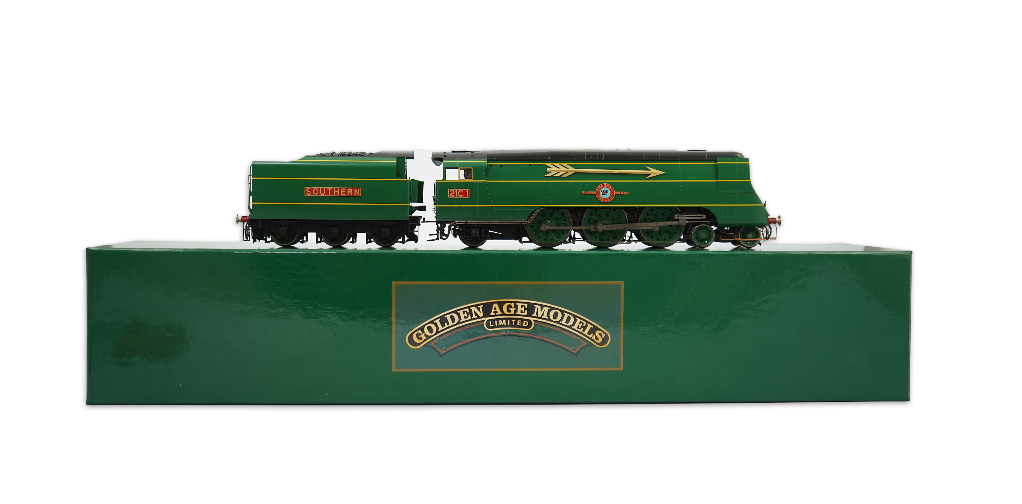 An 0 Gauge Golden Age Models Ltd by F C Models, model of a Southern Railway Merchant Navy Class Channel Packet 21C1, 4-6-2 tender locomotive, powered for two rail operation, with original box and operating instructions.